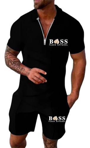 Generisch Jogginganzug Herren Trainingsanzug Sommer Bequeme Sportanzug Fitness Kleidung Poloshirt Kurzarm Baggy Freizeitanzug Streetwear Activewear-Sets 2 Teilig mit Tshirt und Kurz Sporthose