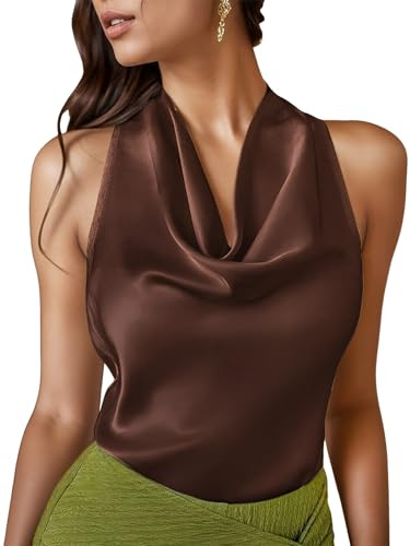 LAOTEPO Haut Dos Nu à col bénitier pour Femme en Satin de Soie pour Sortir, Caraco d'été Tendance, Chemisiers décontractés, Marron, Taille S