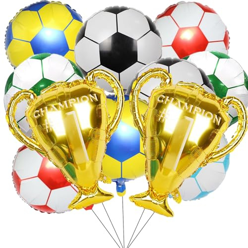 Fesnova 12 Stück Fussball Luftballon und große Meisterpokal Ballons, 18 Zoll Folienballon Fussball, für Deko Fussball Geburtstag Kinder, Geburtstag Sport Fußballthema, Fußballfan Party, WM Zubehör