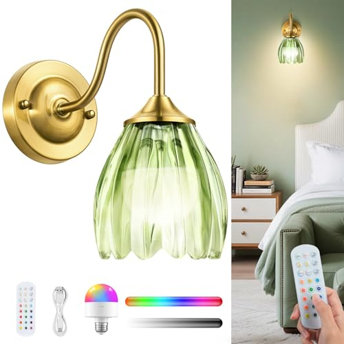 LumaBrite Applique murale vintage à piles – Applique murale d'intérieur rechargeable sans fil 8000 mAh avec télécommande, 12 RVB et 3 températures de couleur, abat-jour en verre vert