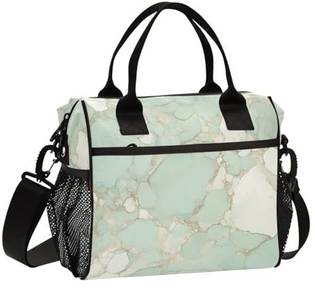 Amooorous Lonchera de lujo con textura de mármol verde dorado para mujer con cremallera y correa para el hombro, loncheras para colegios, universidades