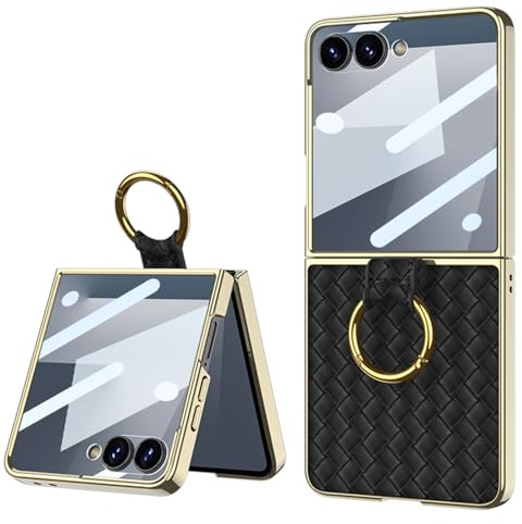 Lunivop for Samsung Galaxy Z Flip 7 Case Woven PU Leather Black | 【Ring Holder Stand】 Built in Small Screen Protector Camera Scratch-Resistant Thin Slim Durable Case for Women Men Kickstand