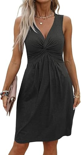GRMLRPT Robe Femme Col en V Chic et Elegant Robes sans Manche Décontractée Robe de Plage Été Courte Couleur Uni(Multicolore,S-XXL)