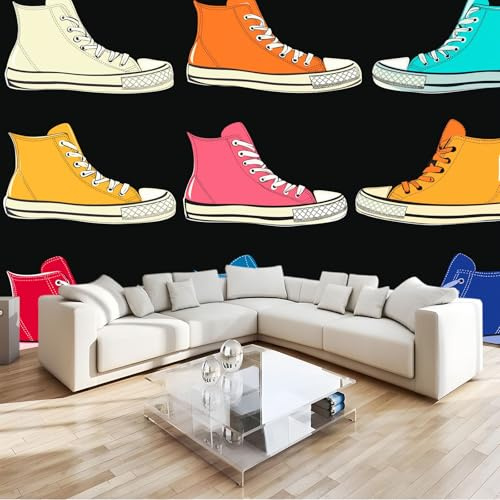 Générique Papier Peint Panoramique Style Dessin Animé Papier Peint Intissé 200 x 140 cm, pour Mur Salon Cuisine Bain Couloir Salle à Mange Baskets Colorées