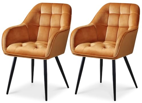 ELUCHANG Esszimmerstühle 2er Set, Samtstoff, Moderne Küchenstuhl Polsterstuhl mit Armlehne, 150 kg belastbar, Sessel Bequem, Wohnzimmerstuhl, Loungesessel für Esszimmer, Wohnzimmer, Orange