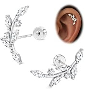 LOYALLOOK 925 Sterling Silver Flat Back Stud Earrings for Women Hypoallergenic | Silver Cartilage Earrings for Sensitive Ears | Leaf Climber Helix Conch Tragus Piercing Jewelry for Mother's Day