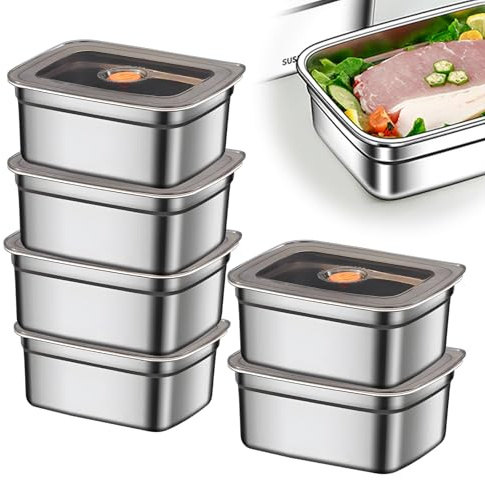 GOMETY 6 styck Snittskärningsbox Fresh, 1000 ml rostfritt stål livsmedelsförvaringsbox, färskhaltsdosor med lock, färskhaltsdosor i rostfritt stål diskmaskinssäkra & stapelbara för frukt kött ost