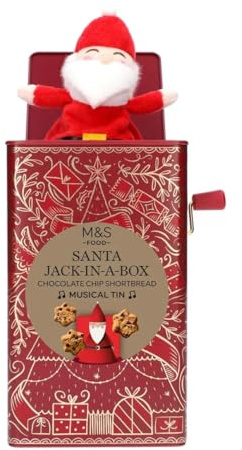M&S Santa Jack-in-a-Box Musical Tin, Dark Chocolate Chip Shortbread Stars Christmas, Red Decorative Container, 250g,