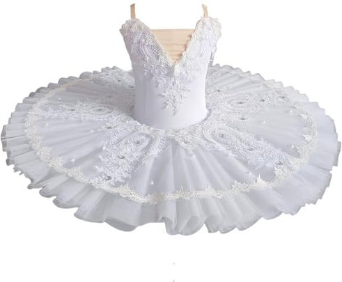 Flickor Professionell Ballerina Balett Tutu Klänning, Klassisk Pannkaka Tutu för barn, Repetition Danskläder,White,110