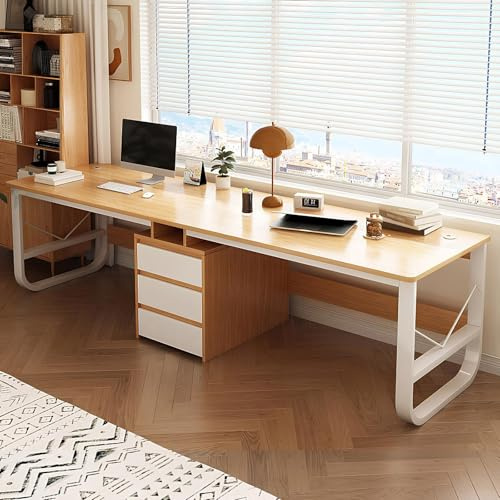 HJYXXSR Grande scrivania per due persone con cassetti, doppia postazione di lavoro per computer da gioco, tavolo da studio in legno, lunga per 2 persone, ufficio domestico (naturale, 240 cm)