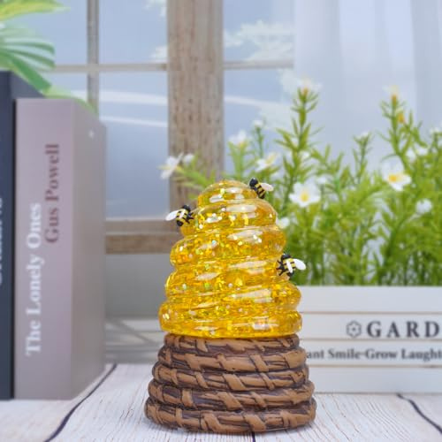 Honey Snow Globe Decor with 6H Timer, Swirling Glitter Snow Globes Spring and Summer Figurine Decorations, USB/Battery Operated, for World Bee Day Spring Holiday Home Decor and Gift (Honey)