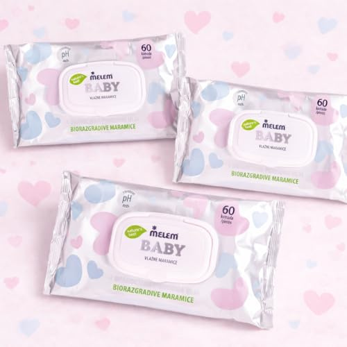 Melem Salviette umidificate per bambini, set da 3 pezzi (3 × 60 pezzi) biodegradabili