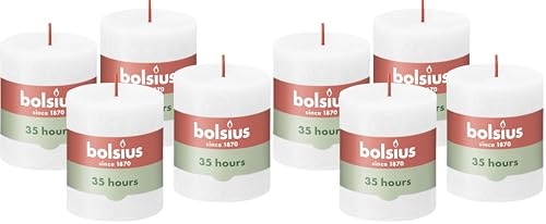 Bolsius Vela rústica de pilar - Blanco nublado - Paquete de 8 - Combustión de 35 horas - Vela doméstica - Decoración de interiores - Sin perfume - Cera vegana natural - Sin aceite de palme - Valentin