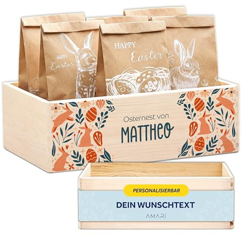 AMARI ® Personalisierte Osterkiste mit Name – Holzkiste ohne Deckel für Kinder – Individuelles Osternest – Osterkorb personalisierbar – Geschenk zu Ostern (Frühling - 021.01.02)