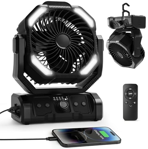 ELZO 20000mAh Camping Ventilator, Wiederaufladbarer Tischventilator USB Ventilator mit LED Licht & Haken, 270° Drehung mit Fernbedienung, Clip Fan für Outdoor Camping Stromausfall Angeln (Schwarz)