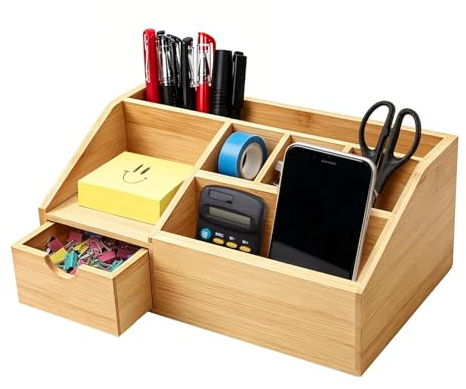 THCTYRP Schreibtisch-Organizer aus Bambus mit Schublade, Naturholz | Stiftebox & Ablage, Trapezförmiges Design, Für Büro & Home-Office, Stiftehalter