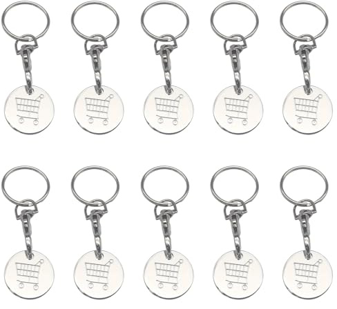 QUALDESN 10 PCS Trolley Tokens, Stainless Steel Shopping Cart Coins With Keychains, Laser White Logo, 75x23mm Durable Metal, For Grocery Shopping, Party Favors, Promotional Gifts