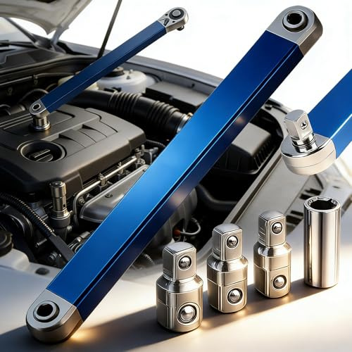 Générique Clé d'Extension Décalée Multifonction à Cliquet Pliable - Rallonge avec Adaptateurs d'Entraînement 1/4, 3/8 et 1/2 - Idéale pour Espaces Restreints et Mécanique