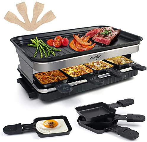 Raclette Grill Parrilla con Antiadherente Revestido de Térmicamente Aislado Asas 8 Raclette Queso Sartenes para 8 Personas 1500W Negro