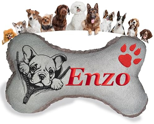 Personalisiertes Hunde Schmusekissen in Knochenform – bestickt mit Wunschname & Hunderasse – Wildleder-Imitat, 20 Farben – Größen S bis XL – Geschenk Hund