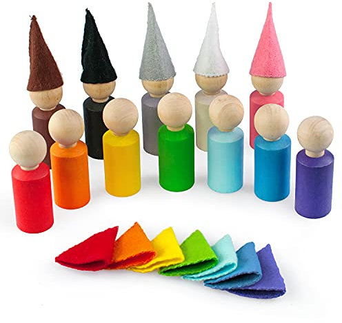 Ulanik Kleine Steckpuppen mit Hüte Montessori Spielzeug ab 3 Jahre + Baby Puppen Sensorik Holzspiele zum Zählen und Sortieren Farben Lernen — 12 Zwerge