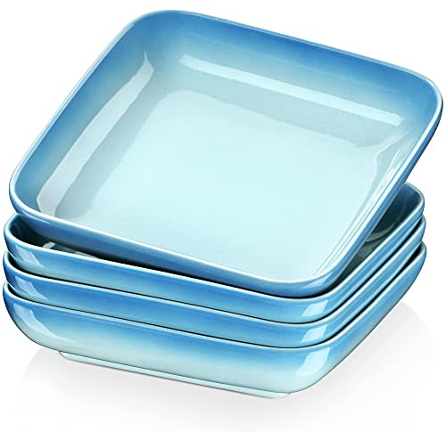 LOVECASA Pasta Bowls,Ceramic Soup Bowls Set of 4,Large Square Porcelain Salad Bowls,Serving Dishes for Salad,Pasta,Soup,Fruit, Microwave and Dishwasher Safe, Blue 8.3in/35 oz