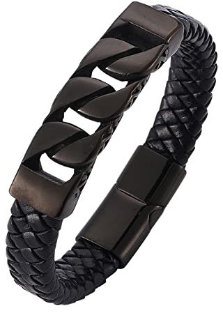 Skcess Magnetarmband Herren Schwarz，Herrenarmbänder Aus Leder Geflochtenes Lederarmband Rostfreier Stahl Schmuck für Männer 16.5cm