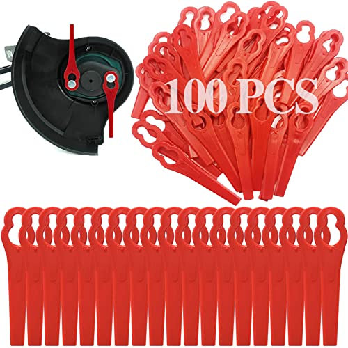 Xerteam 100 Pcs Garden Mower Replacement Blades, 83 mm Plastic Grass Trimmer Blades, Lawn Mower Accessories Tool Cordless Strimmer Cutting Blades Red 2-2 Bosch Red