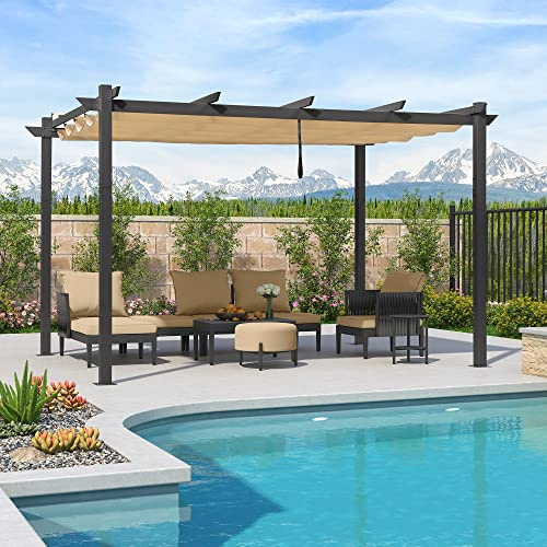 PURPLE LEAF Pergolato da Giardino Pergola 3 x 4 M in Alluminio per Esterno con Tetto a Scomparsa Poliestere Impermeabile e Resistente ai Raggi UV, Khaki
