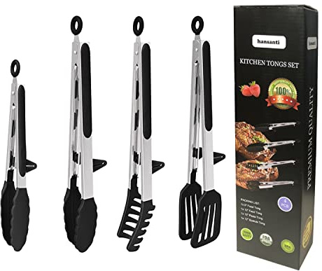 4 Pack Silicone Kitchen Cooking Tongs Set, Stainless Steel Nonstick Food Tong with BPA Free Silicone Tips for Serving Pasta Spaghetti Steak Pie Pizza Salad Vegetable Fruit Grilling BBQ Buffet 9 & 12