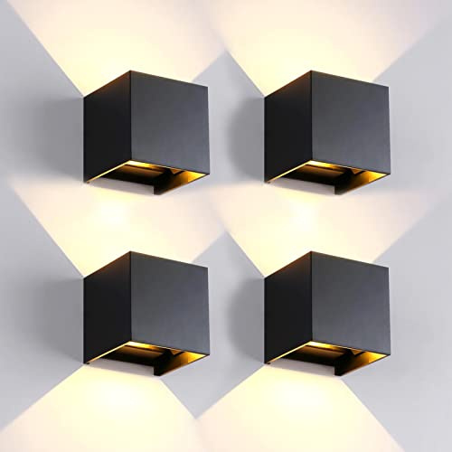 4 Stücke Wandleuchte aussen/Innen Wandlampe LED Außenwandleuchten IP65 Wasserdichte Moderne Schwarz 20W 3000K Warmes Licht Wandleuchte Quadrat Aluminium Aussenlampe Strahlwinkel Einstellbar für Garten