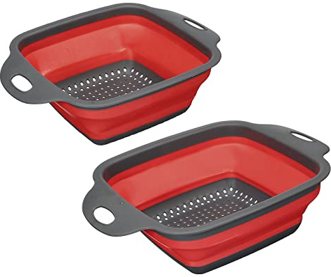 sourcing map Collapsible Colander Set, 2 Size Square Foldable Food Strainer with Handle Space Saving Design Suitable for Pasta, Vegetables, Fruits - Red