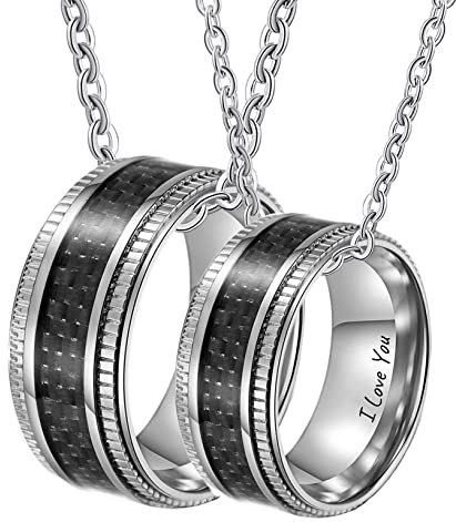 2er Partner Ketten mit Gravur Ring Anhänger Edelstahl, Partner Ketten Ringe mit Gravur I Love You Kohlefaser, Schwarz für Damen Herren - 9.5MM Breite, 60/ 50cm Länge, Damen 54 Herren 62