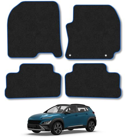 Fits Hyundai Kona (2017-2023) Carpet Car Mats | Blue Edge Trim Tailored Fit Floor Mats Full Coverage Protection Accessories Easy Clean Anti Slip Made in the UK