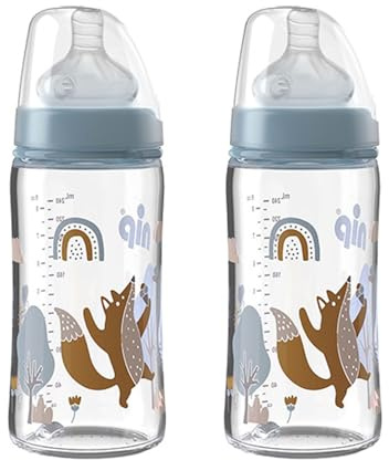 NIP Weithalsglasflasche Glas Flasche, 2er Set, 240 ml Weithalstrinksauger Silikon, Sauger Gr. S feinste Sauglochgröße, Glas porenfrei glatt, ab 1. Tag, Muttermilch, Pre-Nahrung 0+