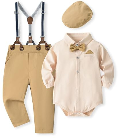Volunboy Bimbo Neonato Completini e Coordinati Gentiluomo, Camicia Fiocco e Bretelle Pantaloni 5 Pezzi