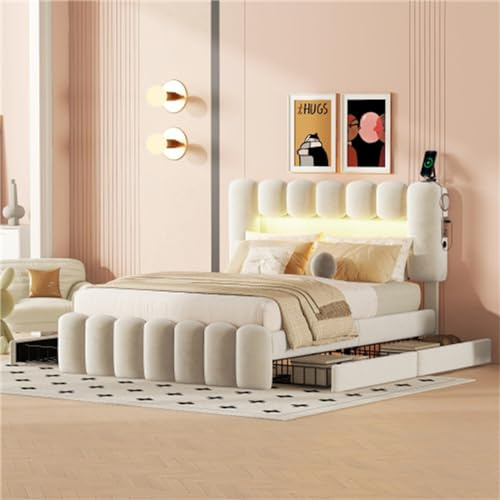 buiesjole Cama Tapizada con Tira De Luz LED USB Y Equipo De Música Cama Doble 140x200 Cm con 4 Cajones Canapé Cama Juvenil para Adultos Jóvenes Cama De Invitados Beige