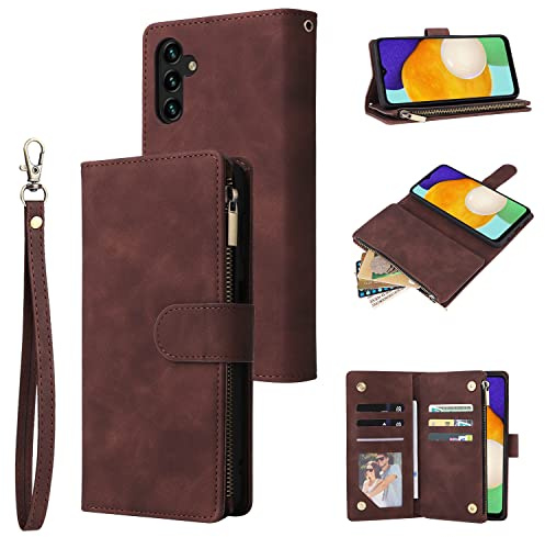 QLTYPRI Étui portefeuille en cuir pour Samsung Galaxy A25 5G, grande capacité avec 6 porte-cartes et 1 poche zippée, dragonne, housse de protection magnétique pour Samsung A25 5G, marron café