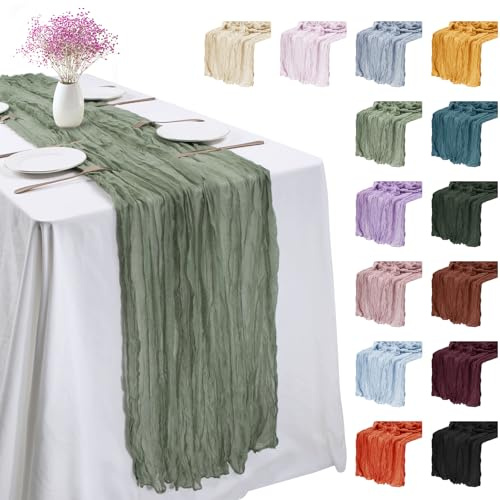 LEREATI 3 Stück Käsetuch Tischläufer Salbei Grün 90 x 180cm Chiffon Tischläufer Musselin Tischdecke Modern Abwaschbar Boho Tischläufer für Geburtstag, Hochzeit, Frühling, Küche Tischdeko