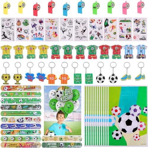 Morocket 70 Stück Fußball Party Kinder-Geburtstag Gadget Set mit Schlüsselanhänger, Tattoo-Aufkleber, Pfeife, Geschenktüten, Fußball-Armbänder für Geburtstagsparty