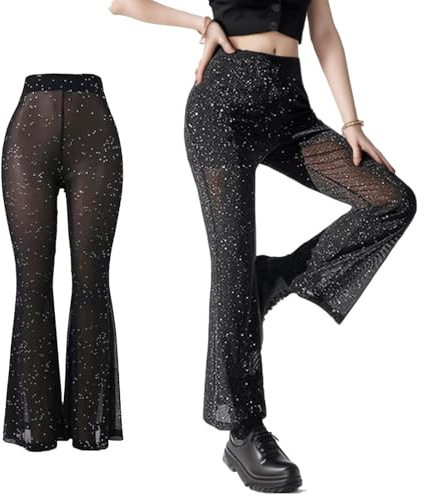 XDGBGFN Pantalon évasé pour femme noir transparent taille haute à paillettes pantalon de yoga long pantalon évasé élastique, Noir , L