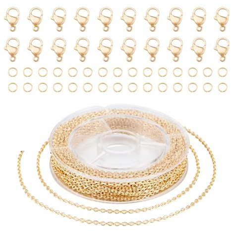 Sparkeads 18 Karat vergoldete 4,5 m lange Kabelketten, gelötete Spulenketten mit 20 Karabinerverschlüssen, 40 Stück Biegeringe für Schmuckherstellung, Handwerk, Halsketten, Armbänder,