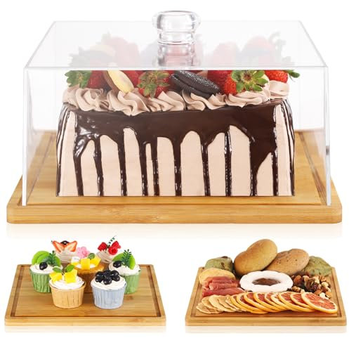 Square Cake Stand with Lid，11in Bamboo Cake Stand with Dome，Dessert Display Stand with Acrylic Cover for Cheese，Pie，Chips & Dips，Serving Platter with Cover for Kitchen/Party/Wedding/Birthday