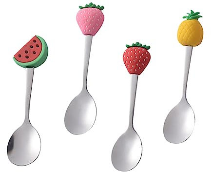 Amosfun CuillèRes Enfant CréAtives En Acier Inoxydable - Ensemble De 4 CuillèRes Fruits (Fraise, Ananas, PastèQue) - IdéAles Pour Desserts, Yaourts, Glaces - 11,5 Cm