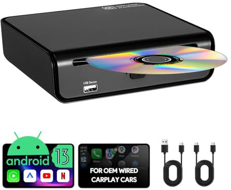 Android 13 AI Box CarPlay - Dispositivo de transmisión para coche con reproductor de CD/DVD portátil, CarPlay inalámbrico Android Auto, reproductor de CD y DVD USB Plug and Play para automóviles con