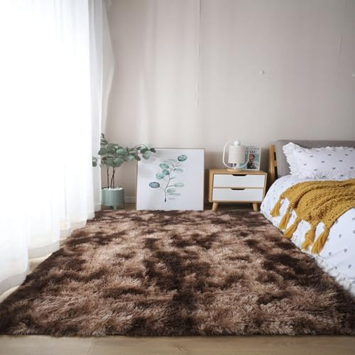 XUEDNGM Schlafzimmer Bettvorleger Teppich 80 x 130 cm Waschbar Bis 30 Grad, Super Soft, Anti-Rutsch, Flauschig Hochflor Teppich Wohnzimmer Flauschig Fellteppich für Wohnzimmer, Schlafzimmer, Braun