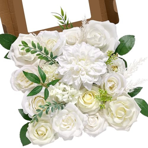 Alecono Artificial Flowers, White Silk Fake Flowers for DIY Wedding Bridal Bouquets, Cake Flowers for Table Centerpieces Baby Shower Party Home Decorations