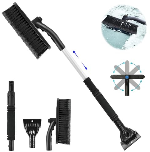 langyoujia Auto Eiskratzer mit Besen, 3-in-1 Mixer Auto Eiskratzer, Auto Eiskratzer mit Drehbürstenkopf und Einziehbarer Schaumstoffgriff für Auto, LKW, SUV (Schwarz)