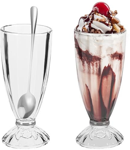 Hejo 2Pcs Milkshake Glasses, Ice Cream Sundae Glasses with 2 Spoons, Reusable Ice Cream Cups, Soda Fountain Glasse, Dessert Glasses for Juice, Smoothies, Soda