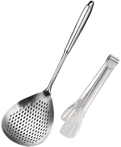 Adorabile cucchiaio scanalato per skimmer, mestolo per schiumarola, mestolo con manico ergonomico, mestolo in acciaio inox per cucina, colino da cucina, cucchiaio per frittura con clip per la casa